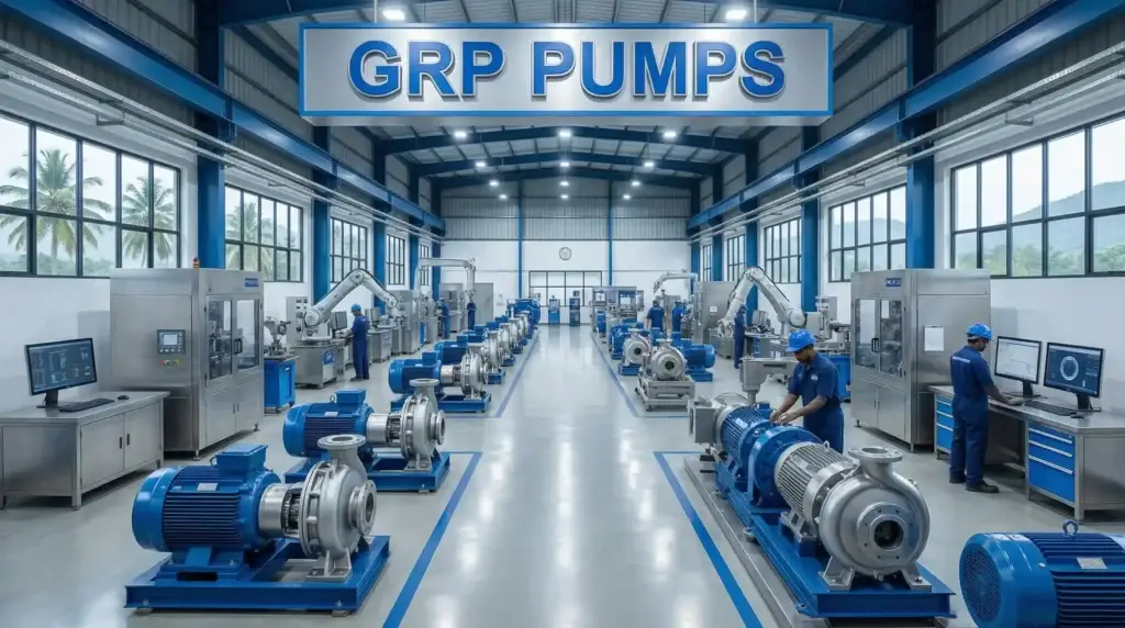GRP Pumps manufacturing unit in Coimbatore with centrifugal pumps on the assembly line